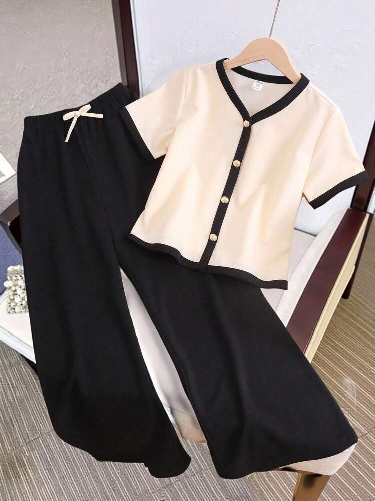 SHEIN 2pcs Tween Girl Contrast Color V-Neck Short Sleeve Shirt And Casual Pants Set - Multicolor - View 1