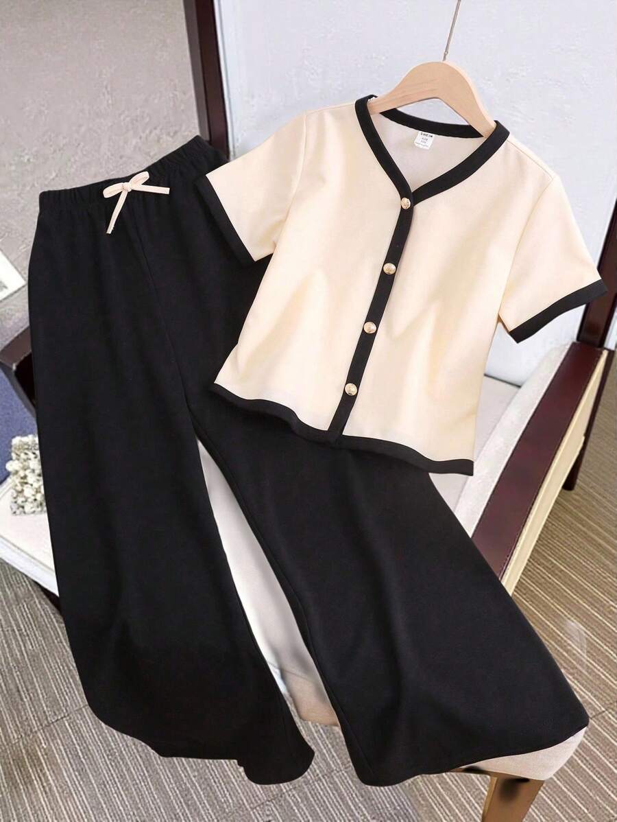 SHEIN 2件套青少年女孩撞色V领短袖衬衫和休闲裤套装 - 彩色 - 查看 1
