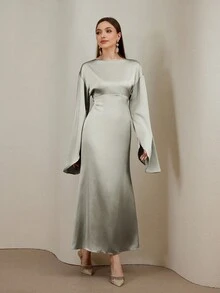 Veilorie 女式纯色圆领喇叭袖优雅连衣裙