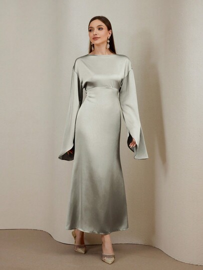 Veilorie Women's Solid Color Round Neck Flare Sleeve Elegant Dress