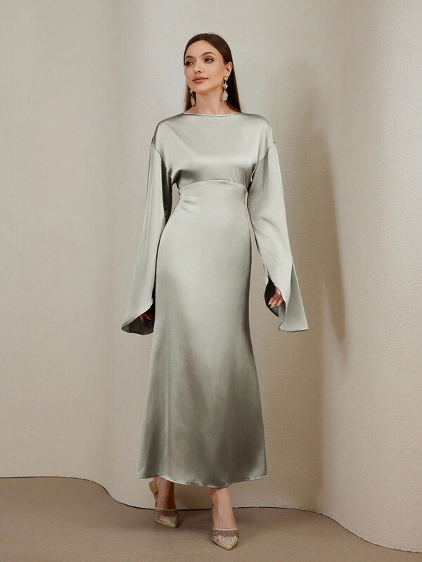 Veilorie Women's Solid Color Round Neck Flare Sleeve Elegant Dress