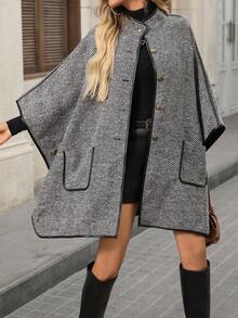 EMERY ROSE 女士人字纹单排扣蝙蝠袖宽松时尚大衣，秋季外出冬季外套 - 灰色 - 查看 2