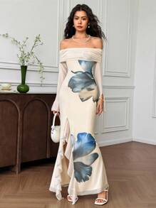 EastFlair Women's Floral Print Off Shoulder Split Fishtail Hem Fitted Dress Wedding Guest Dress Women Birthday Dresses For Women