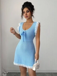 Selianne Cap Sleeve Round Neck Waist Cinched A-Line Colorblock Elegant Romantic Knit Sweater Dress For Women - Baby Blue - View 1