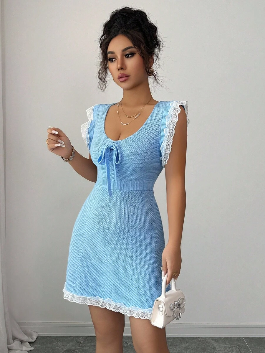 Selianne Cap Sleeve Round Neck Waist Cinched A-Line Colorblock Elegant Romantic Knit Sweater Dress For Women - Baby Blue - View 1