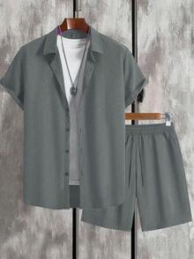 Manfinity Homme 男士纯色短袖单排扣衬衫和短裤休闲两件套