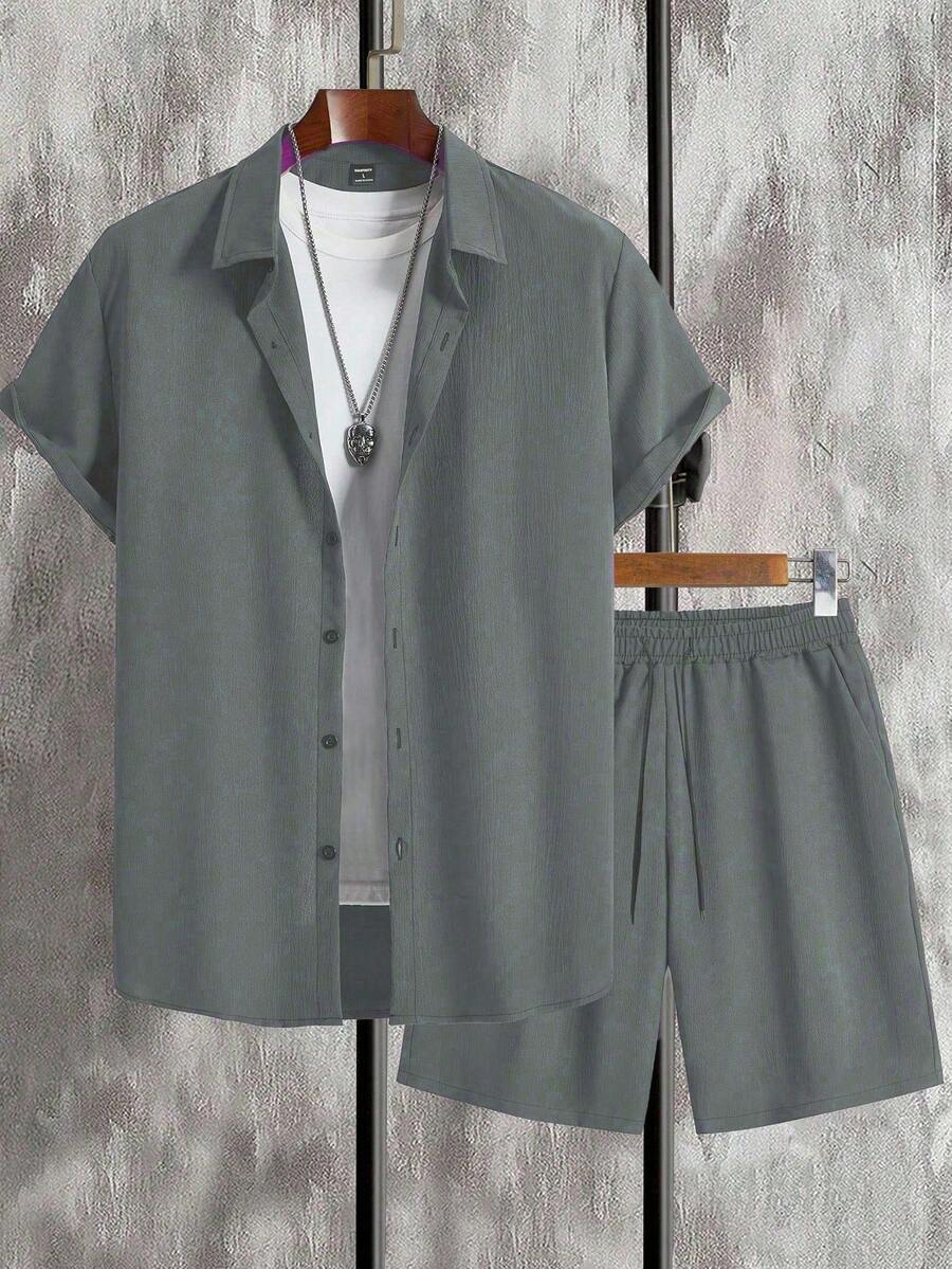 Manfinity Homme 男士纯色短袖单排扣衬衫和短裤休闲两件套