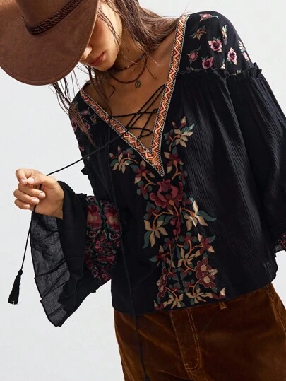 Bohemela Vacation Casual Embroidered V-Neck Blouse For Women