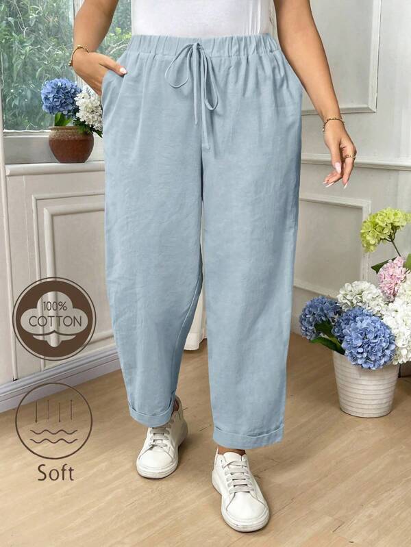 EMERY ROSE 大码女式纯棉纯色腰带口袋休闲锥形裤