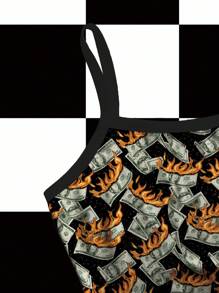 Shutterstock Regata Feminina de Alça Fina com Estampa de Dinheiro, Design Criativo de Moda de Verão, Parte Superior Estampada com Dinheiro, Roupa Y2K, Parte Superior Feminina Y2K, Tops de Verão Y2K, Adequado para Sair - Preto - Visão 3