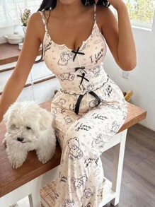 SHEIN Cute Apricot Jacquard Pajama Set With Spaghetti Straps And Lettuce Trim Details Cute Sleepwear Lounge Wear Sets Summer Sleep Dress