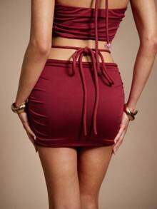 Hauture Women's Solid Color Ruched Hollow Out Fashion Design Skirt - Burgundy - View 5