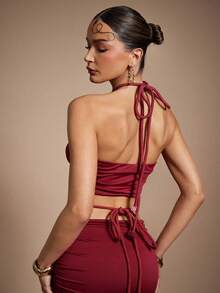 Hauture 女士夏季假期休闲褶饰露背上衣 - 紅色 - 查看 2