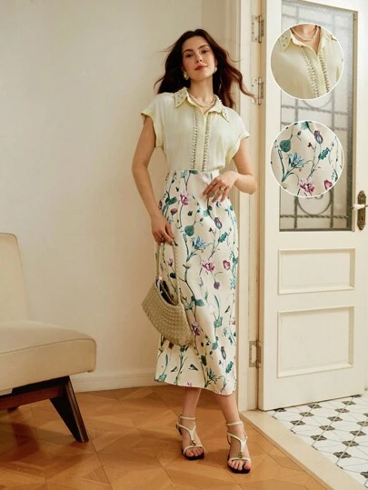 Omancia New Autumn Elegant Silk Linen Nail Beads Rhinestone Lapel Shoulder Short Sleeve Shirt Print Hip-Wrapped Dress Suitable For Festivals, Back To School, Teacher's Dress, Halloween, Thanksgiving