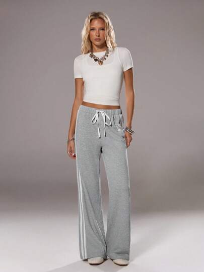 TRNVIE 花卉和灰色拼布樱桃印花休闲运动阔腿长款运动裤，女款，秋冬