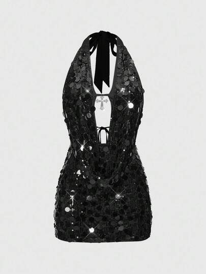 Grunge Punk Vestido mini de mujer con tirantes de atar, estampado de leopardo y colgante en forma de cruz, de estilo sexy y moderno