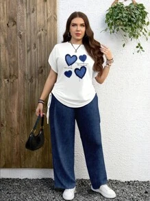 EMERY ROSE 2 件套女士加大码休闲心形印花短袖抽绳系带 T 恤和长裤，适合夏季 - 彩色 - 查看 4