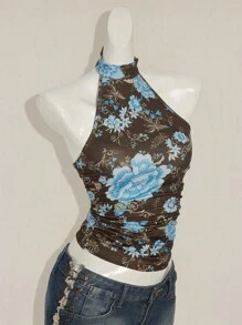 SHEIN ICON Y2K 夏季外出波西米亚西部乡村音乐会女式性感露背花卉印花挂脖上衣，夏季 - 棕色 - 查看 8