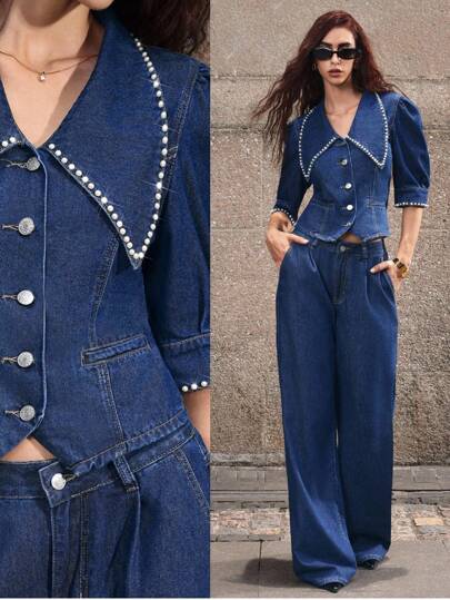 Selenza Women's Casual Denim Blouse With Puff Sleeves, Rhinestone Decor, Metal Buttons And Matching Pants Set