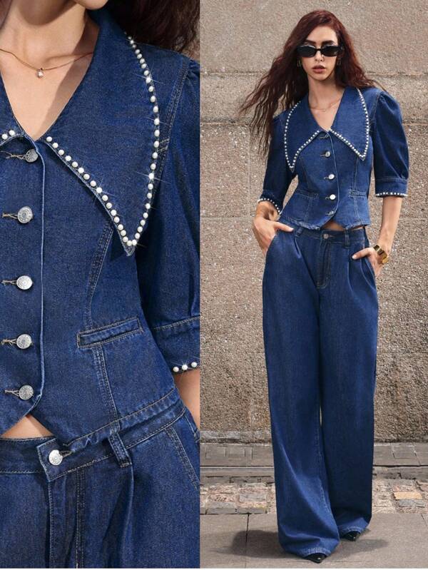 Selenza 女式休闲牛仔泡泡袖衬衫，水钻装饰，金属纽扣和配套裤子套装