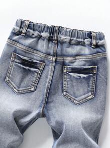 Young Boy Printed Elastic Denim Tapered Jeans, Fun And Fashionable Back To School Recommendation, Classic Washed Blue Denim Stretch Fabric, Cartoon Printed Design Full Of Childlike Charm, High Waist Elastic Waistband Fall Winter - Dark Wash - View 6