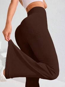 Easithlete 女士纯色高腰喇叭无缝运动瑜伽紧身裤 - 咖啡棕 - 查看 3