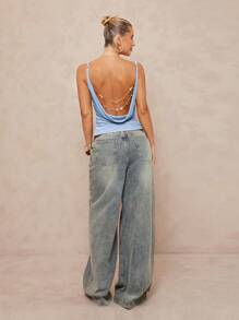 Lumalex Top de mujer con escote pronunciado, espalda descubierta y decoración de cadena metálica en la cintura