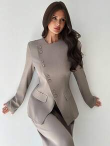 Firerie Bộ vest 2 món màu xám kaki thanh lịch, thời trang đường phố đa năng hàng ngày dành cho nữ, thu/đông, ve áo lệch không đối xứng, thắt nút eo, tay dài, quần cạp cao - Xám - Xem 9