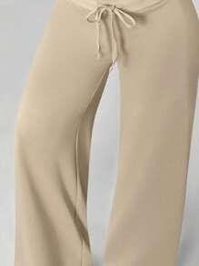 SHEIN PETITE Quần nỉ ống rộng lưng thấp dệt kim trơn thoải mái và giản dị dành cho nữ - Màu Khaki - Xem 7