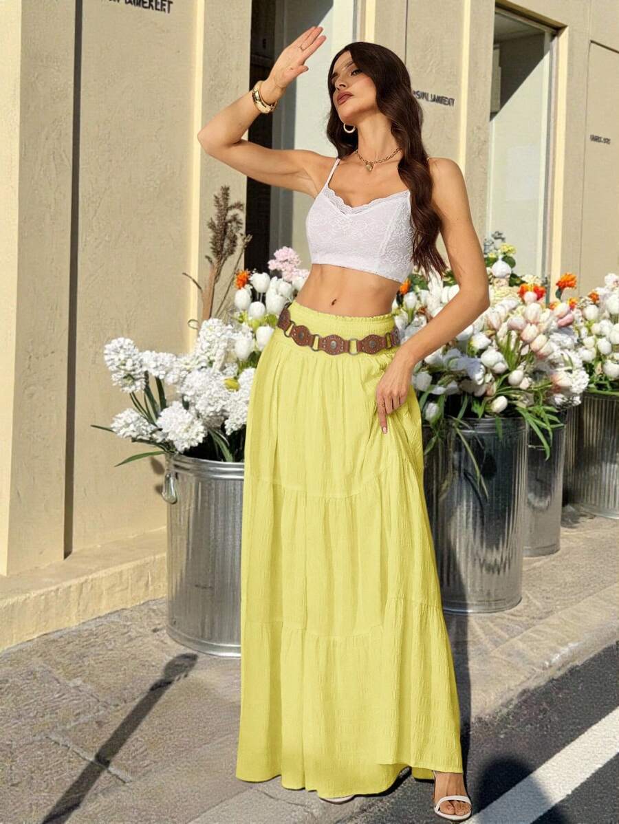 SHEIN Tall Damen einfarbiger Skirt mit geraffter Taille und Rüschensaum in Gelb - Gelb - Übersicht 1