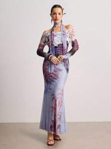 ROMWE Avant New Chinese Style Printed Mesh Fitted Dress With Scarf - Multicolor - View 7
