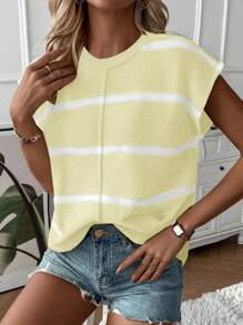 EMERY ROSE 女士休闲宽松圆领插肩无袖针织背心，时尚条纹拼布套头毛衣背心，秋冬 - 杏色 - 查看 4