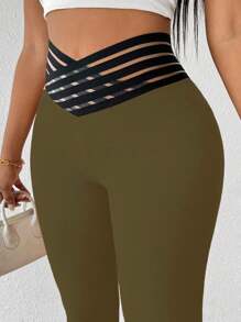 SHEIN LUNE Women's V-Waist Slim Fit Casual Summer Leggings - Army Green - View 5