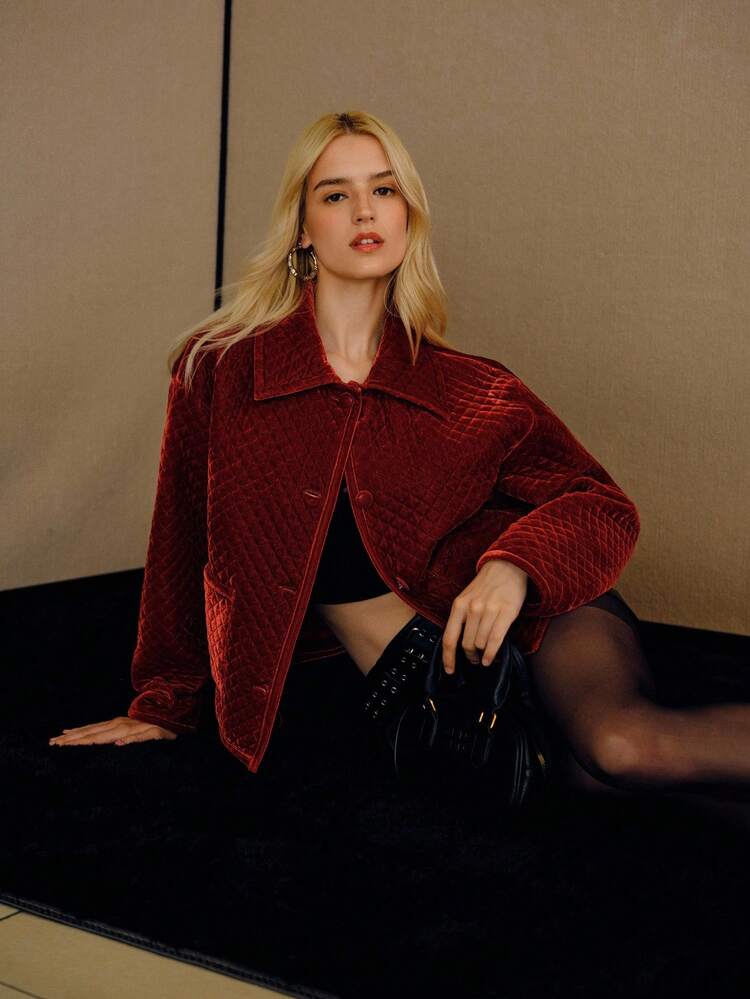 VELVET QUILTED PATTERN BUTTON UP WINTER COAT FOR AUTUMN & WINTER