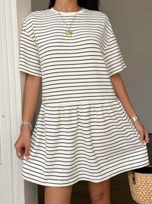 CovetEZ 女式条纹针织宽松娃娃裙，短袖 - 彩色 - 查看 5