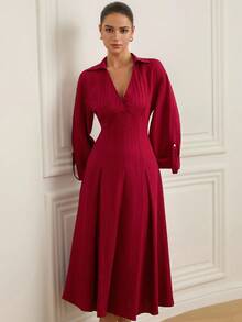 Revavyn Vestido de mujer de manga larga con cuello en V, de tela texturizada, elegante y de lujo para uso diario - Burdeos - Ver 6