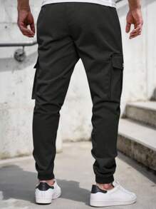 Manfinity Homme 男士休闲抽绳工装裤，多口袋工作裤，秋季 - 黑色 - 查看 2