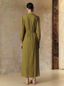 Arave 女士天丝纯色衬衫领全纽扣装饰长袖束腰系带舒适透气休闲连衣裙，适合夏秋季日常、度假、约会、通勤、购物 - 綠色 - 查看 3