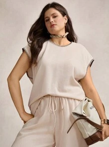 Zelara Plus Size Women 2Pcs Set Contrast Color Ruffle Short Sleeve Top & Wide Leg Linen Pants,Beige,Summer,Casual,Curve,Loungewear Outfit Old Money Style - Apricot - View 6