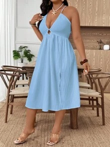 EMERY ROSE Váy maxi hở lưng màu trơn gợi cảm cỡ lớn cho nữ, đi nghỉ - Màu xanh lam - Xem 6