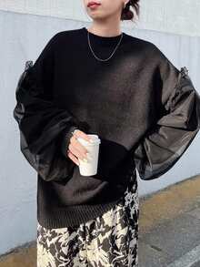 FRIFUL Women's Round Neck Loose Mesh Patchwork Casual Loose Sleeve Frill Trim Sweater, Halloween Costume, Autumn - Black - View 4