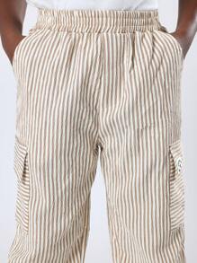 SUMWON Pantalon cargo rayé pour jeunes, taille élastique, coupe décontractée, poches, beige, confortable et durable, pantalon long pour l'été et le printemps