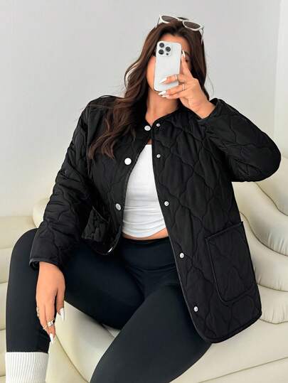 Solflare Plus Size Women Casual Diamond Pattern Warm Single-Breasted Thick Winter Jacket Plus Size Quilted Jacket Black Quilted Jacket Fall Autumn
