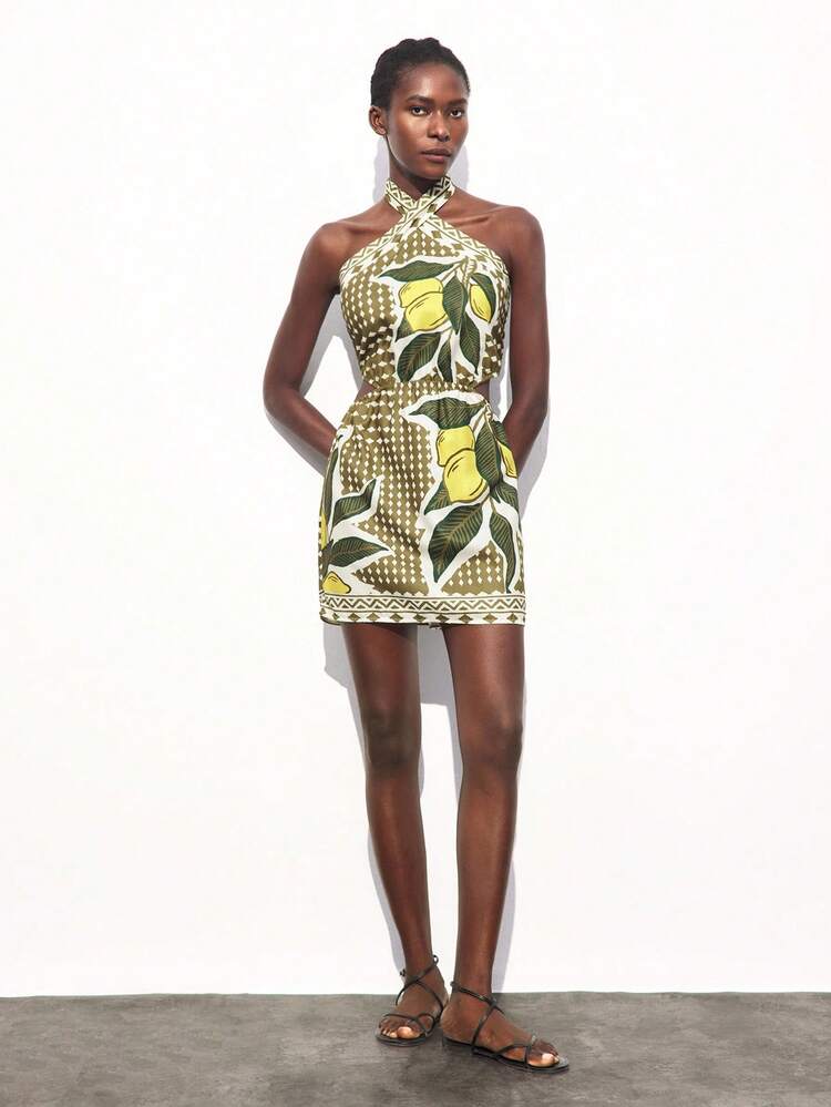 SHEIN Maija Women's Bohemian Multi-Color Print Vacation Criss-Cross Halter Mini Dress, Comfortable Casual Beachwear, Hollow Out Design Flattering Silhouette, Suitable For Music Festivals, Beach, Autumn/Winter Floral Dress New Year Dress