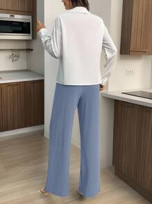 SHEIN LUNE 2件热带印花休闲假日衬衫和裤子套装 - 霧霾藍 - 查看 2