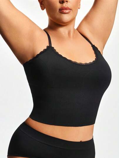 SHEIN 1pc Women Plus Size Seamless Lace Trim Camisole Tank Top
