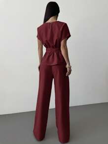 Firerie 春夏新款优雅杏色亚麻竹节领收腰系带上衣&高腰直筒阔腿裤通勤套装亚麻休闲套装度假套装