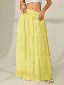 SHEIN Tall Damen einfarbiger Skirt mit geraffter Taille und Rüschensaum in Gelb - Gelb - Übersicht 4