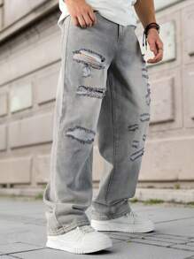 Manfinity Homme Plus Size Men's Casual Washed Distressed Denim Jeans - Grey - View 3