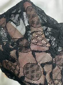 SHEIN BAE 女士灰绿色纯色约会之夜/单身派对/鸡尾酒会/返校季/音乐会服装/狂欢派对服装/时尚高街郊游/性感蕾丝圆领不对称下摆透视女式上衣/长袖蕾丝上衣/蕾丝长袖/性感女装 - 黑色 - 查看 6